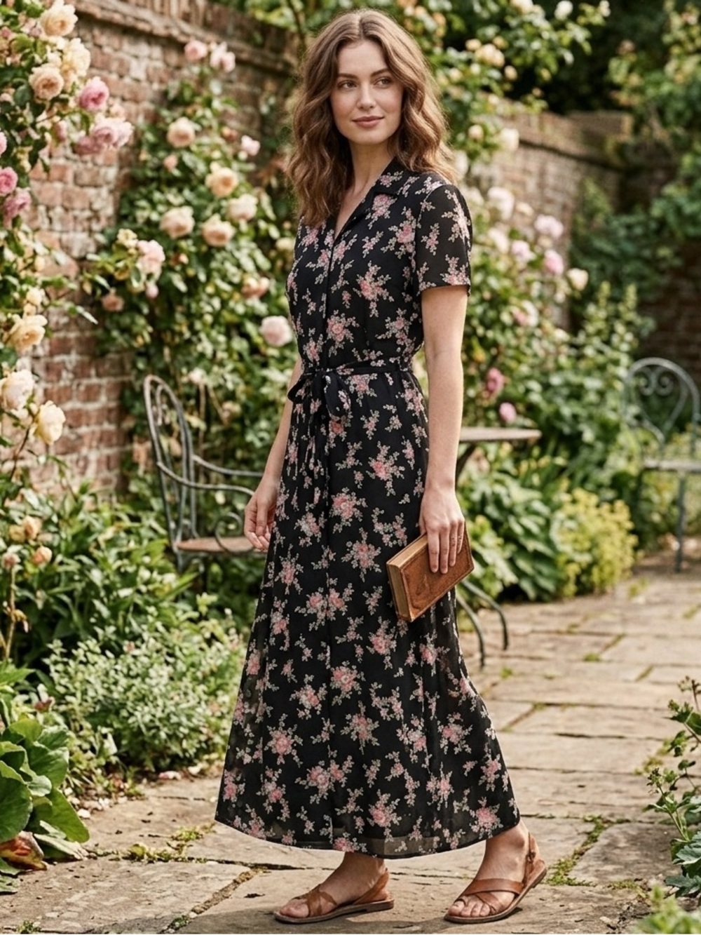 Vintage Emma James Black Maxi Dress Pink Floral Print Tie Waist, Women’s Size 6